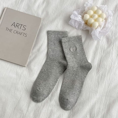 Lettering Embroidered Socks / Set - Light Gray / One Size