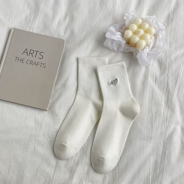 Lettering Embroidered Socks / Set - White / One Size