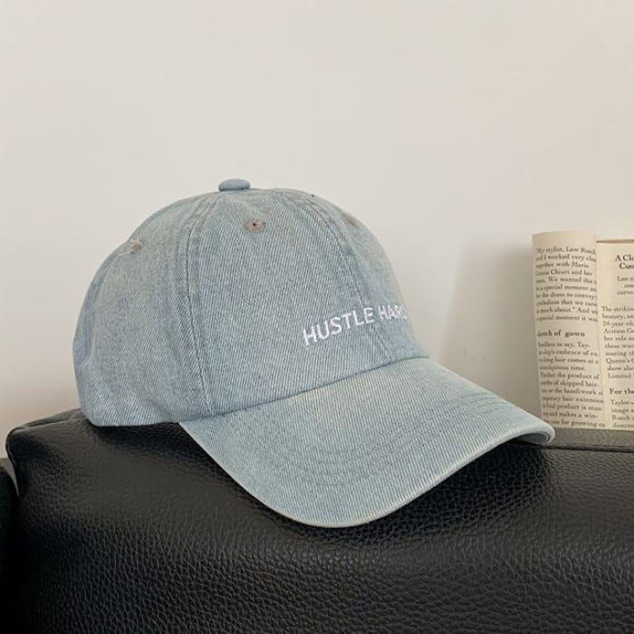 Lettering Embroidered Washed Denim Baseball Cap - Light