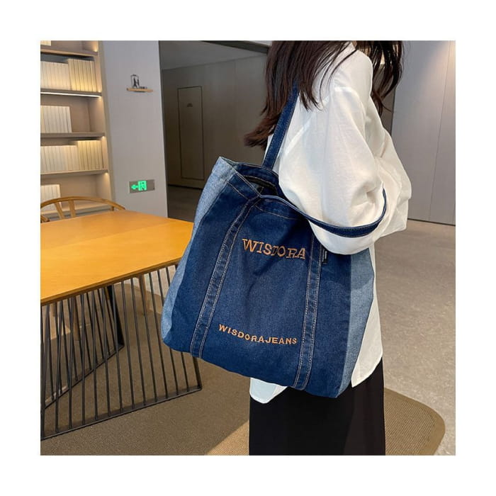 Lettering Embroidered Washed Denim Tote Bag