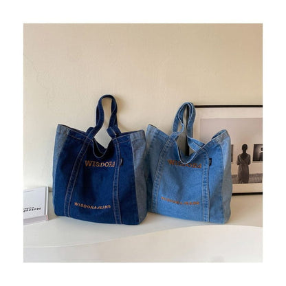 Lettering Embroidered Washed Denim Tote Bag