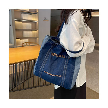 Lettering Embroidered Washed Denim Tote Bag