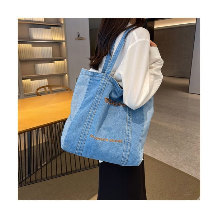 Lettering Embroidered Washed Denim Tote Bag