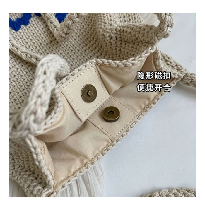 Lettering Embroidered Woven Bucket Bag