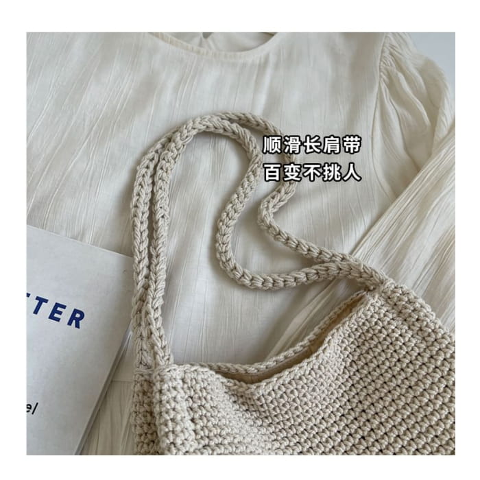 Lettering Embroidered Woven Bucket Bag