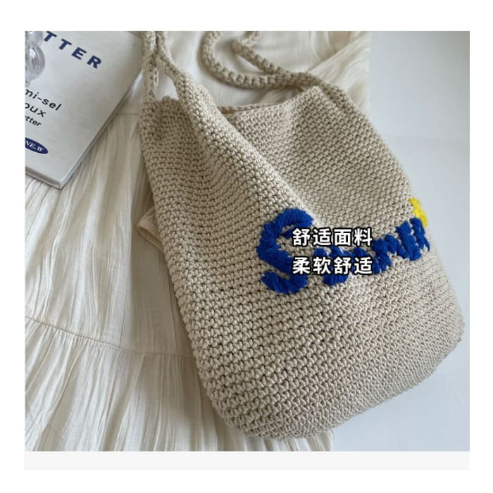 Lettering Embroidered Woven Bucket Bag