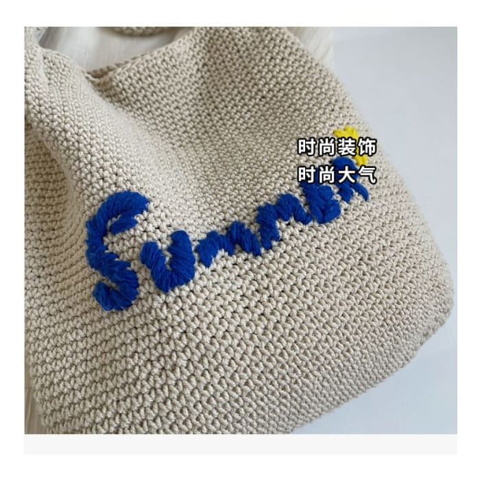 Lettering Embroidered Woven Bucket Bag