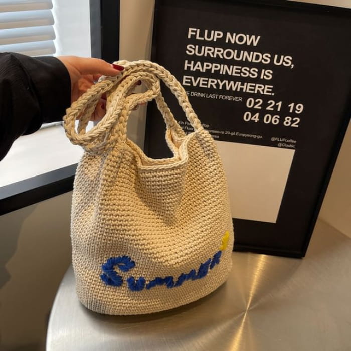 Lettering Embroidered Woven Bucket Bag - Off-White