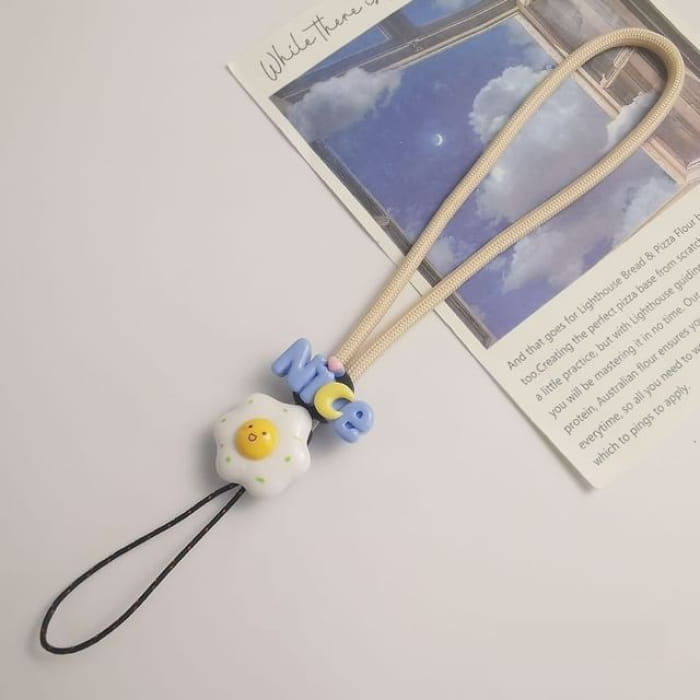 Lettering Fried Egg Phone Strap - Blue Nice - Almond