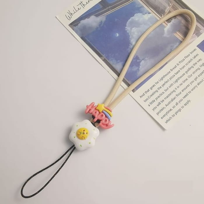 Lettering Fried Egg Phone Strap - Dark Pink Happy - Almond