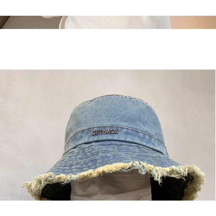 Lettering Fringed Denim Bucket Hat