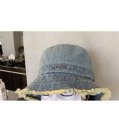 Lettering Fringed Denim Bucket Hat