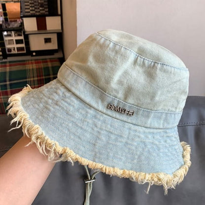 Lettering Fringed Denim Bucket Hat - Light Blue / One Size