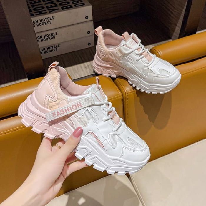 Lettering Label Applique Ombre Platform Sneakers - Pink / 35