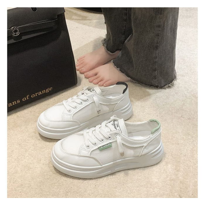 Lettering Mesh Panel Lace-Up Platform Sneakers