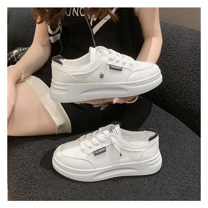 Lettering Mesh Panel Lace-Up Platform Sneakers