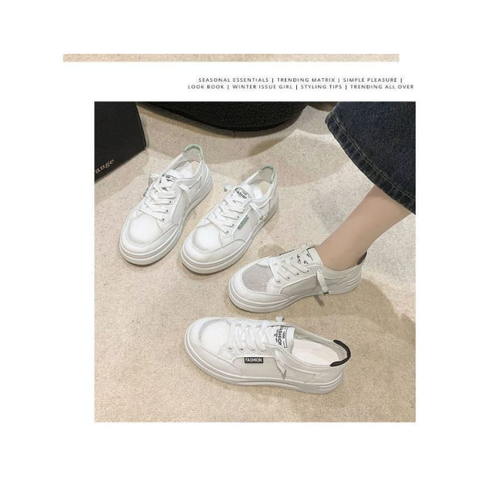 Lettering Mesh Panel Lace-Up Platform Sneakers