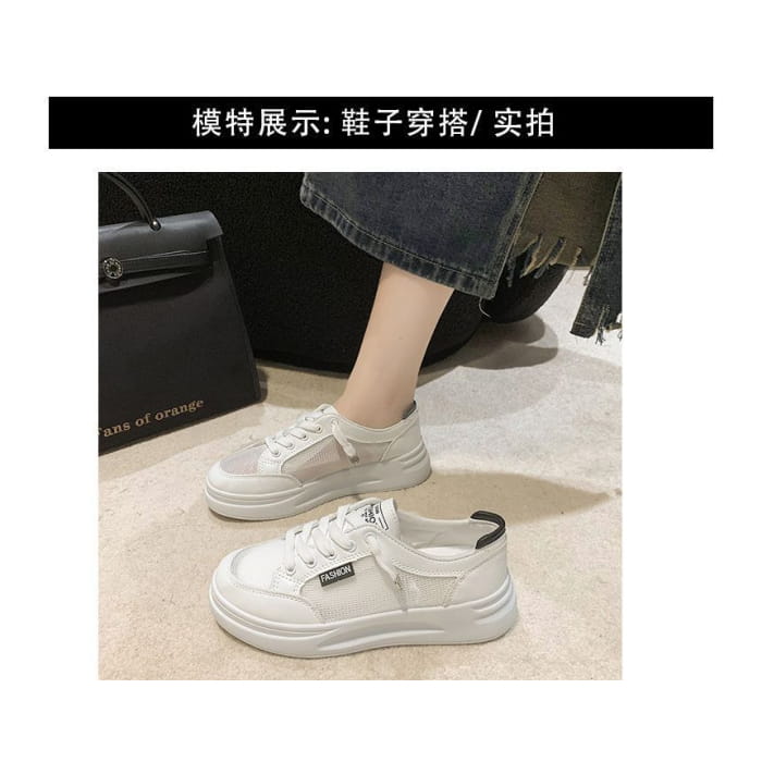 Lettering Mesh Panel Lace-Up Platform Sneakers