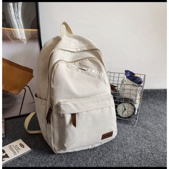 Lettering Print Canvas Backpack - Without Charm - White