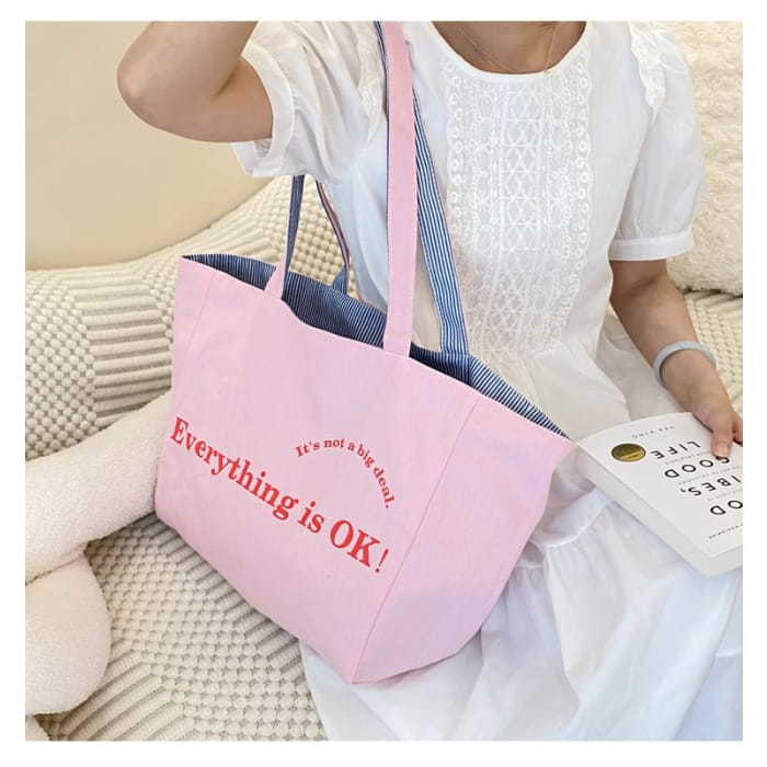 Lettering Print Canvas Tote Bag