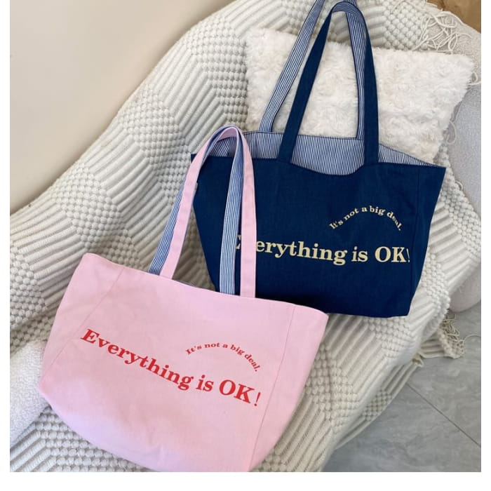 Lettering Print Canvas Tote Bag