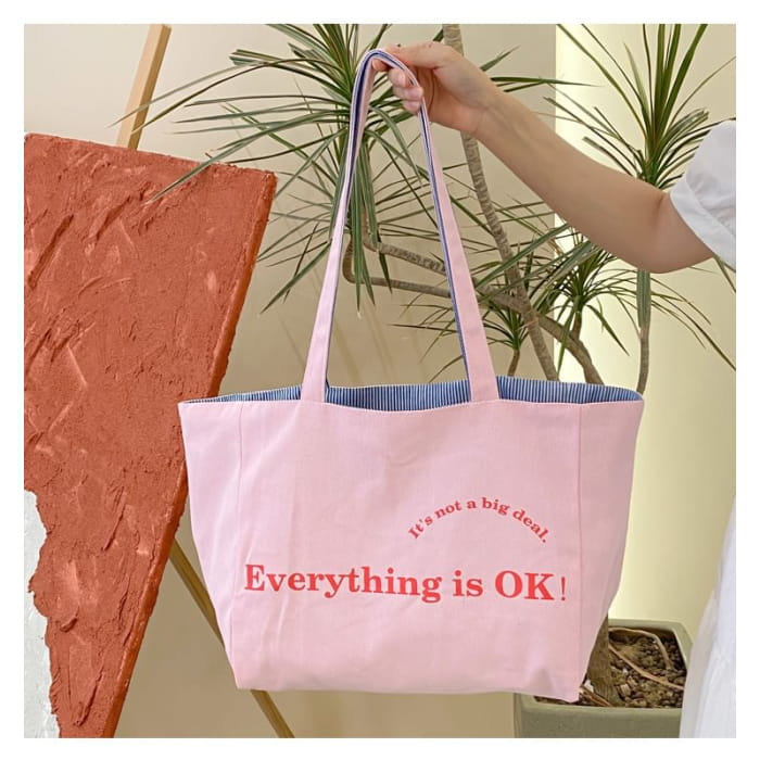 Lettering Print Canvas Tote Bag