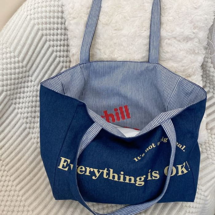 Lettering Print Canvas Tote Bag - Blue / One Size