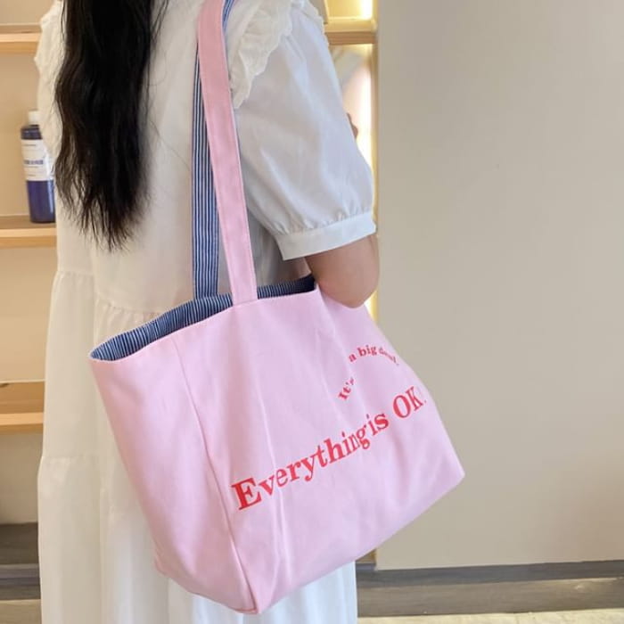 Lettering Print Canvas Tote Bag - Pink / One Size