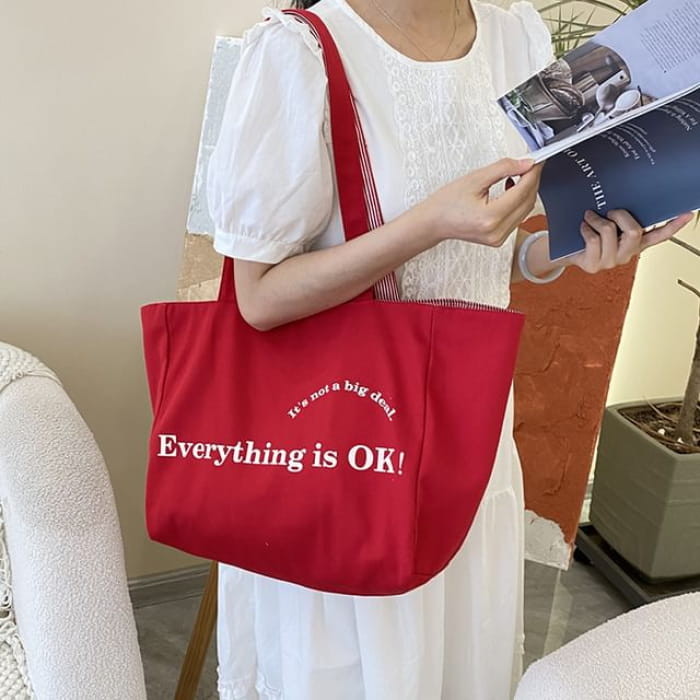 Lettering Print Canvas Tote Bag - Red / One Size