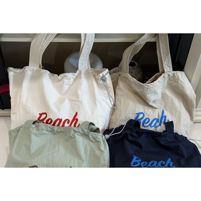 Lettering Print Drawstring Tote Bag / Charm / Set