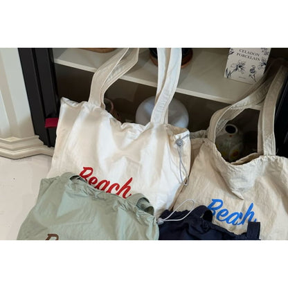 Lettering Print Drawstring Tote Bag / Charm / Set