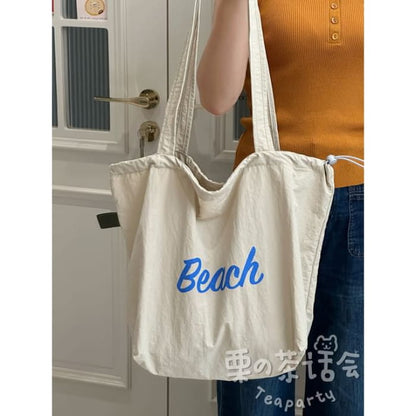 Lettering Print Drawstring Tote Bag / Charm / Set - Blue