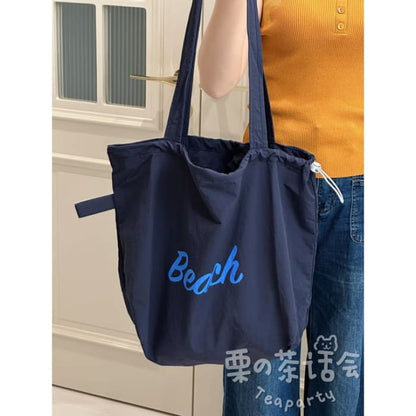 Lettering Print Drawstring Tote Bag / Charm / Set - Blue