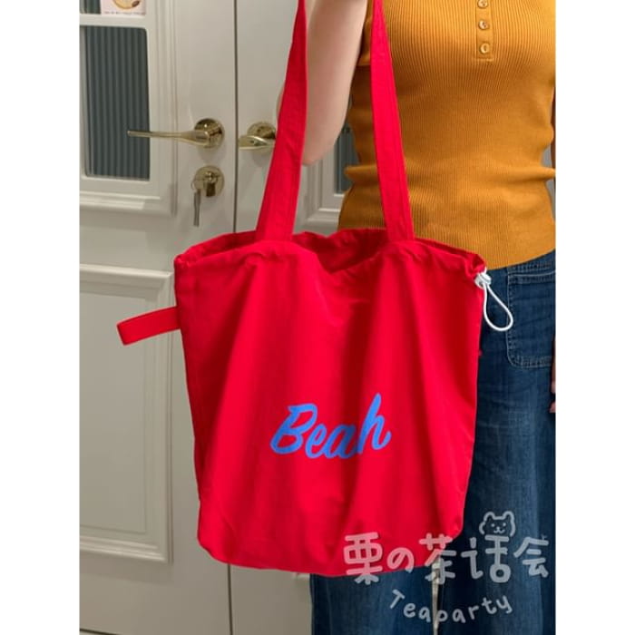 Lettering Print Drawstring Tote Bag / Charm / Set - Blue