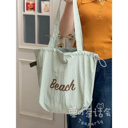 Lettering Print Drawstring Tote Bag / Charm / Set - Coffee