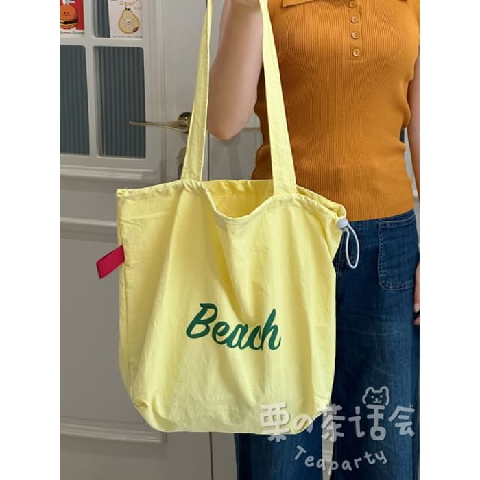 Lettering Print Drawstring Tote Bag / Charm / Set - Green