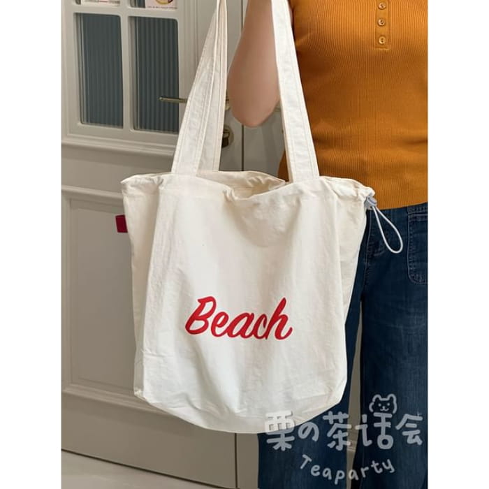 Lettering Print Drawstring Tote Bag / Charm / Set - Red