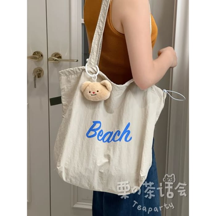 Lettering Print Drawstring Tote Bag / Charm / Set