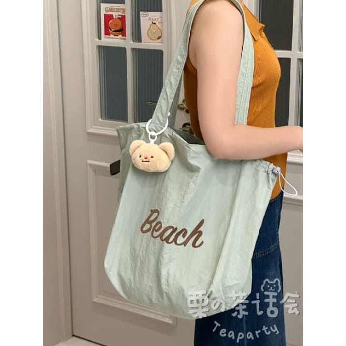 Lettering Print Drawstring Tote Bag / Charm / Set