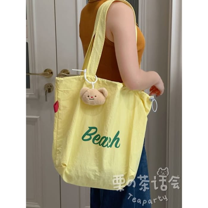 Lettering Print Drawstring Tote Bag / Charm / Set