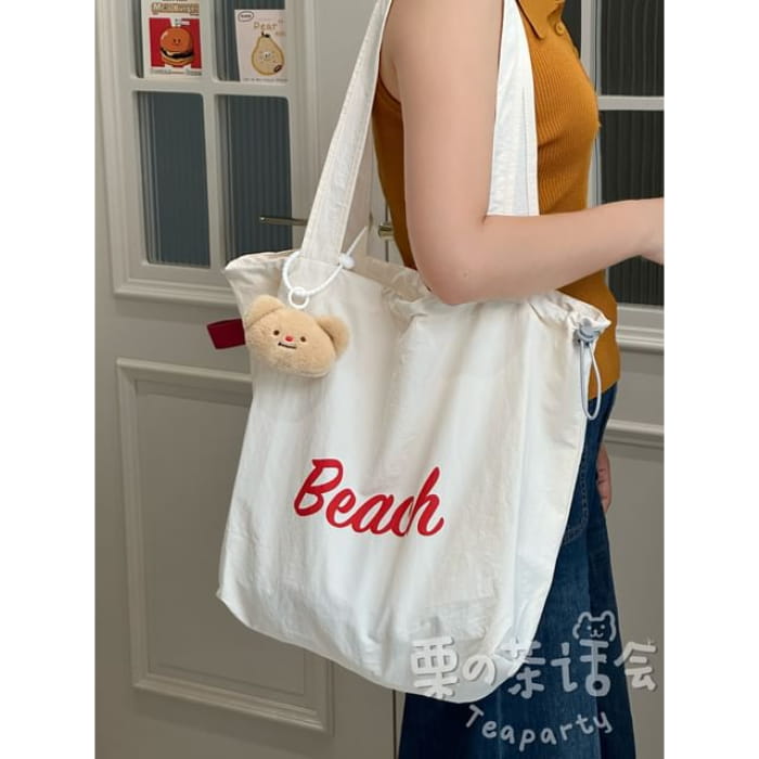 Lettering Print Drawstring Tote Bag / Charm / Set