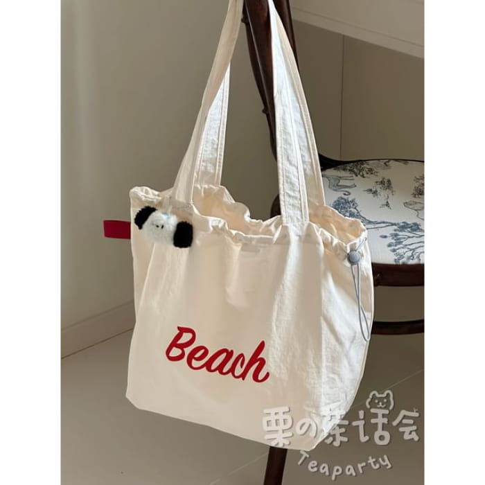 Lettering Print Drawstring Tote Bag / Charm / Set