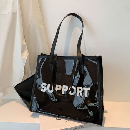 Lettering Print PVC Tote Bag - Black / One Size