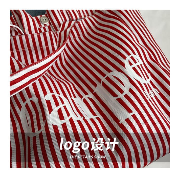 Lettering Print Striped Canvas Tote Bag