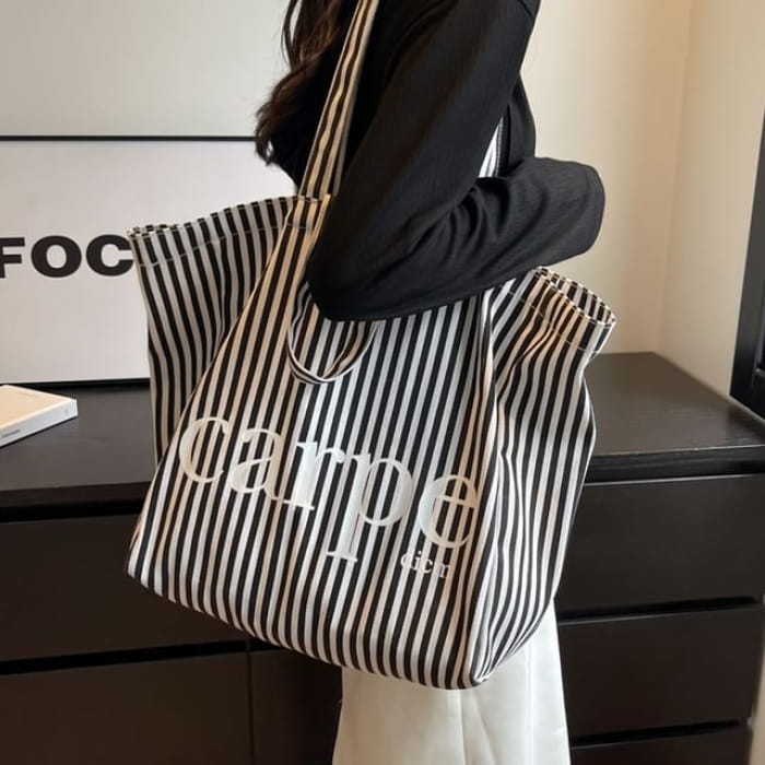 Lettering Print Striped Canvas Tote Bag