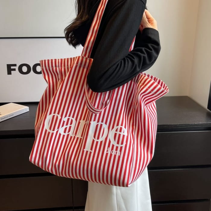 Lettering Print Striped Canvas Tote Bag