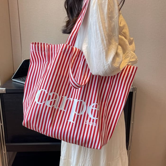 Lettering Print Striped Canvas Tote Bag