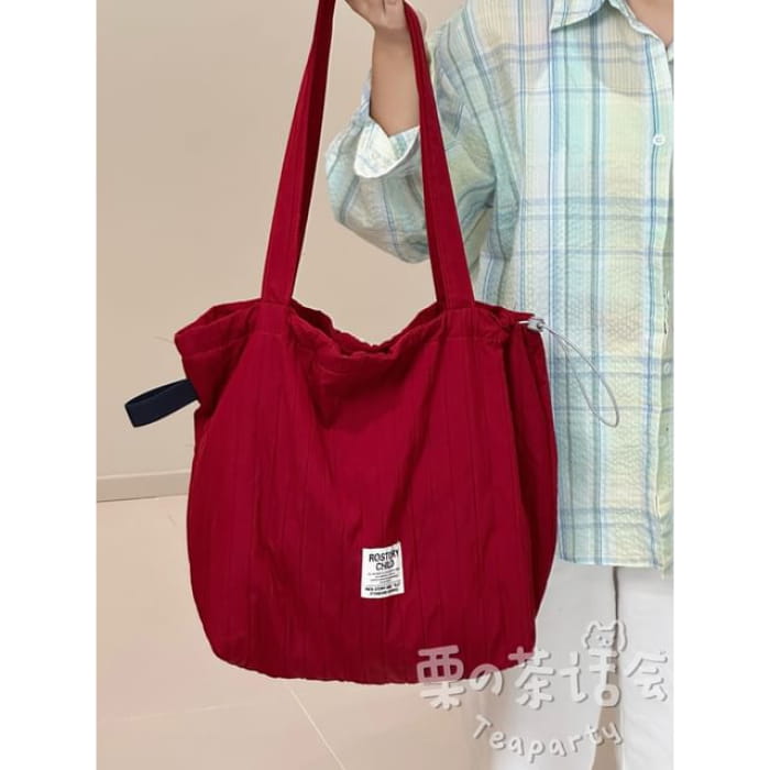 Lettering Ribbed Plain Tote Bag / Charm / Set - Without