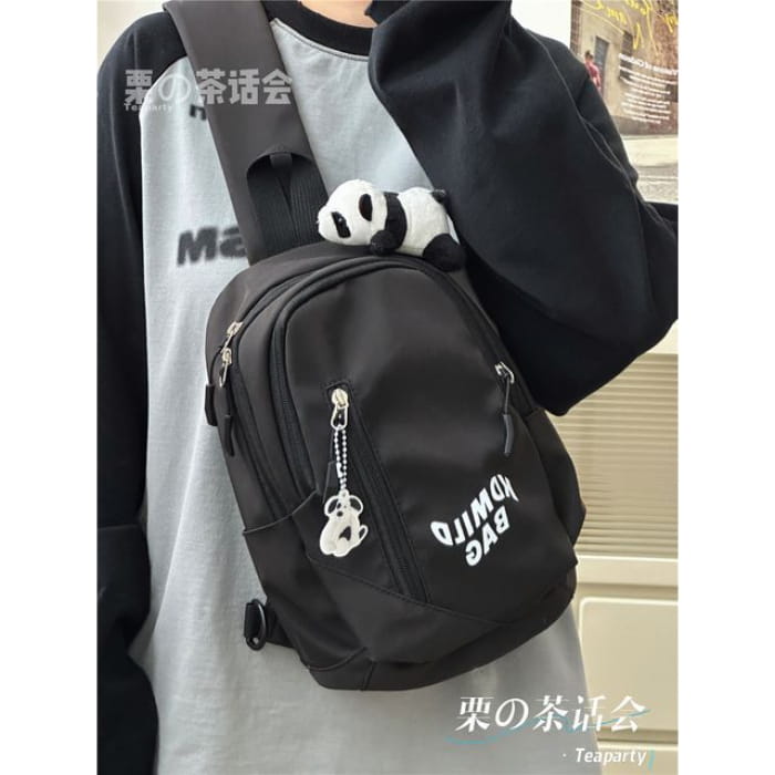 Lettering Sling Bag / Charm / Set - With Panda - Black