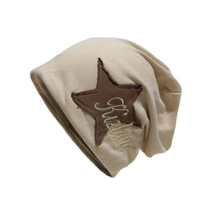 Lettering Star Embroidered Slouchy Beanie - Coffee - Beige